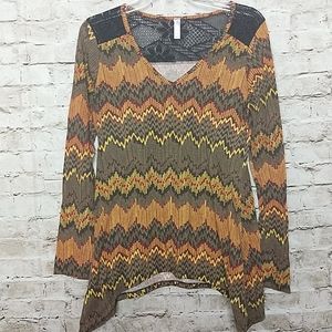 Shai Womans Knit Top Size Large Black Lace Tunic Chevron Strip Long Sleeve Vneck